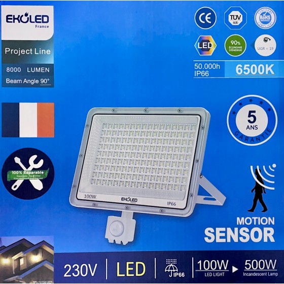 Projecteur EKOLED avec détecteur de mouvement Lumière blanche 6500K 100W